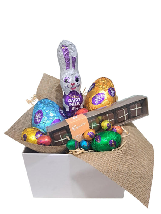Easter egg hamper with Chocolate Hot Cross Buns